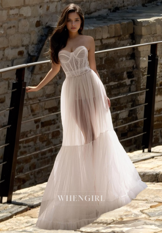 A-Line Sweetheart Sleeveless Beach Dress Stripe Sheer Floor-Length Lace Boho Wedding Dress with Pleats