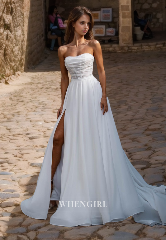 Sweetheart A-Line Sleeveless Stripe Sweep Train Slit Pleats Lace Wedding Dress with Bow Briddal Gowns
