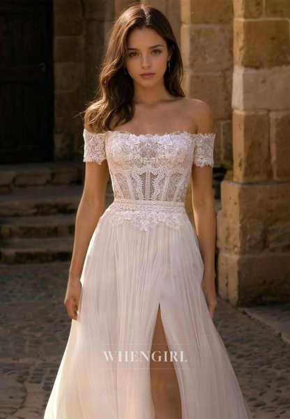 A-Line Off Shoulder Stripe Sleeveless High Slit Appliques Lace Wedding Dress Bridal Gowns with Train