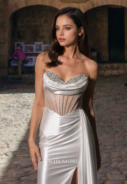 Sweetheart Sheath Sleeveless Wedding Dress High Slit Ruched Satin Bridal Gowns with Beads