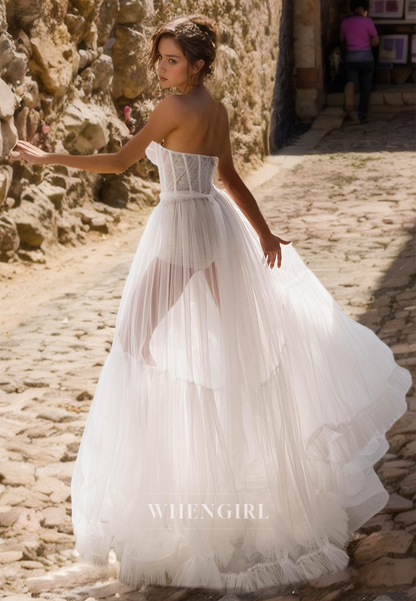 A-Line Sweetheart Sleeveless Beach Dress Stripe Sheer Floor-Length Lace Boho Wedding Dress with Pleats