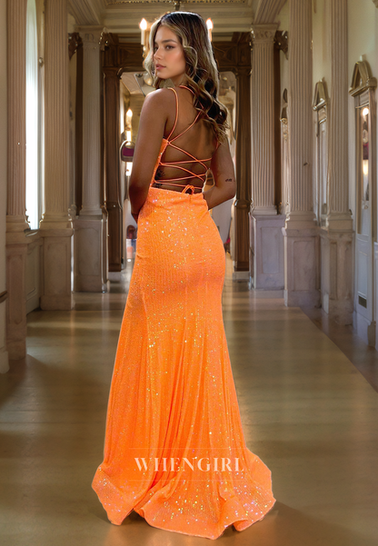 Sheath Strapless Straps Sleeveless Fully Sequins Long Prom Dress with Slit