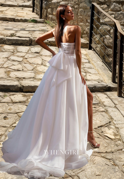 Sweetheart A-Line Sleeveless Stripe Sweep Train Slit Pleats Lace Wedding Dress with Bow Briddal Gowns
