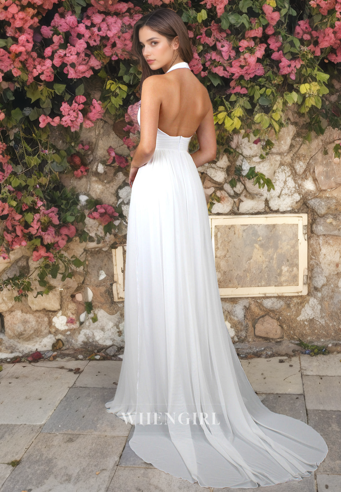 A-Line V Neck Halter Sleeveless Pleted Long Wedding Dress with High Side Slit and Train