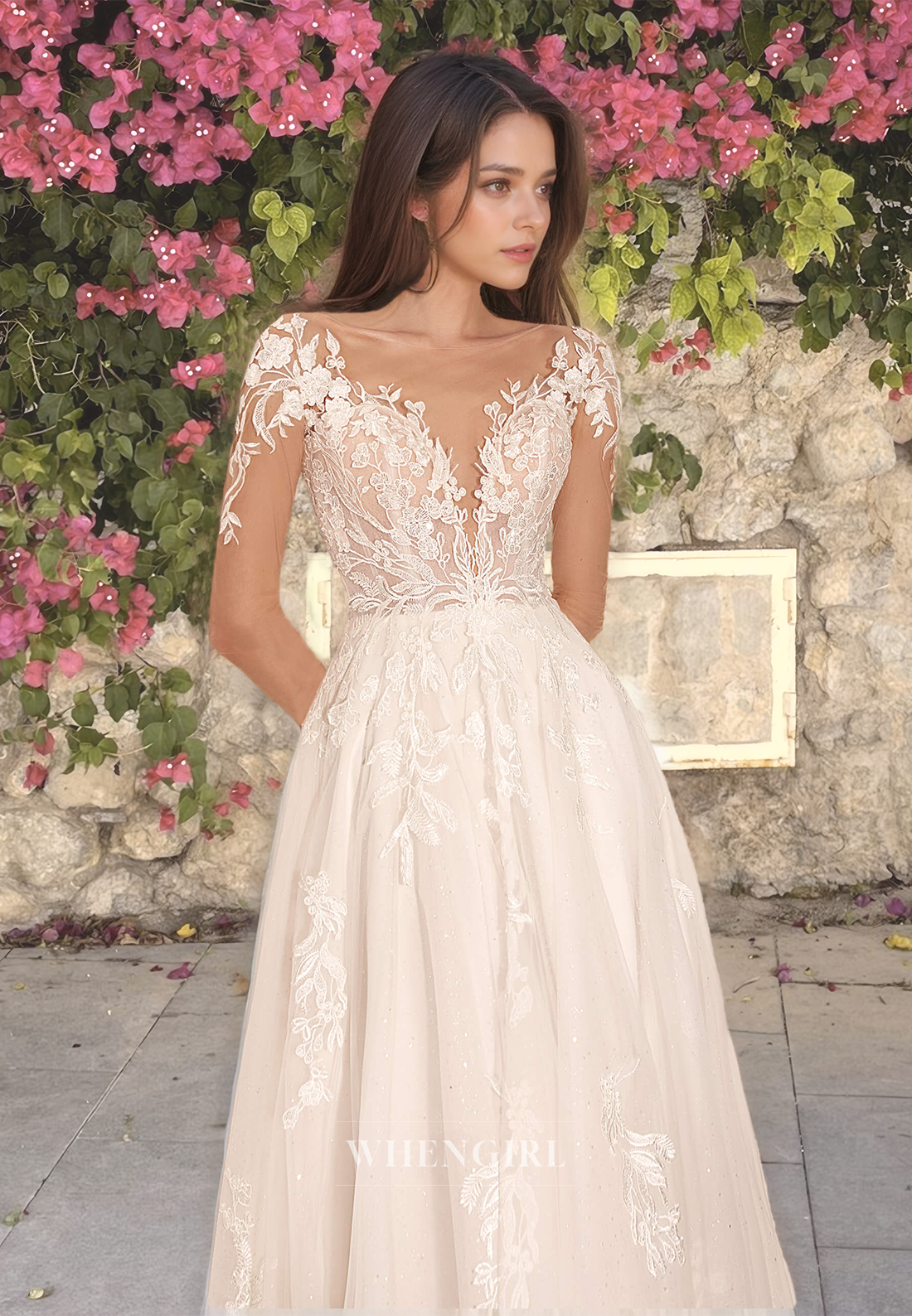 A-Line V-Neck Cap Sleeves Sweep Train Pleated Lace Wedding Dress with Appliques Bridal Dress