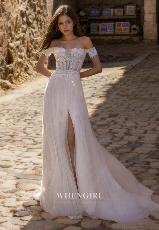 A-Line Off Shoulder Stripe Sleeveless High Slit Appliques Lace Wedding Dress Bridal Gowns with Train