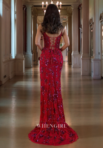 Sheath Strapless Straps Sleeveless Fully Sequins Long Prom Dress with High Side Slit and Train