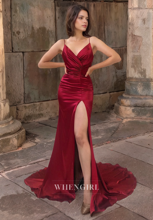 Sheath V Neck Straps Sleeveless Pleated Long Prom Dress with High Side Slit and Train