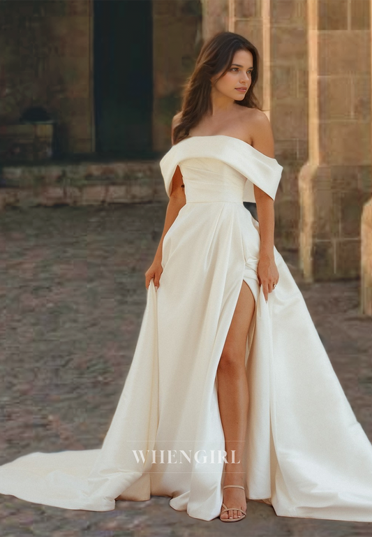 A-Line Off Shoulder Sleeveless Pleated Satin Wedding Dress with High Side Slit and Train