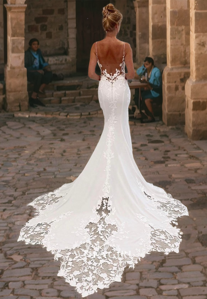 Mermaid V Neck Straps Sleeveless Appliques Long Wedding Dress with Train
