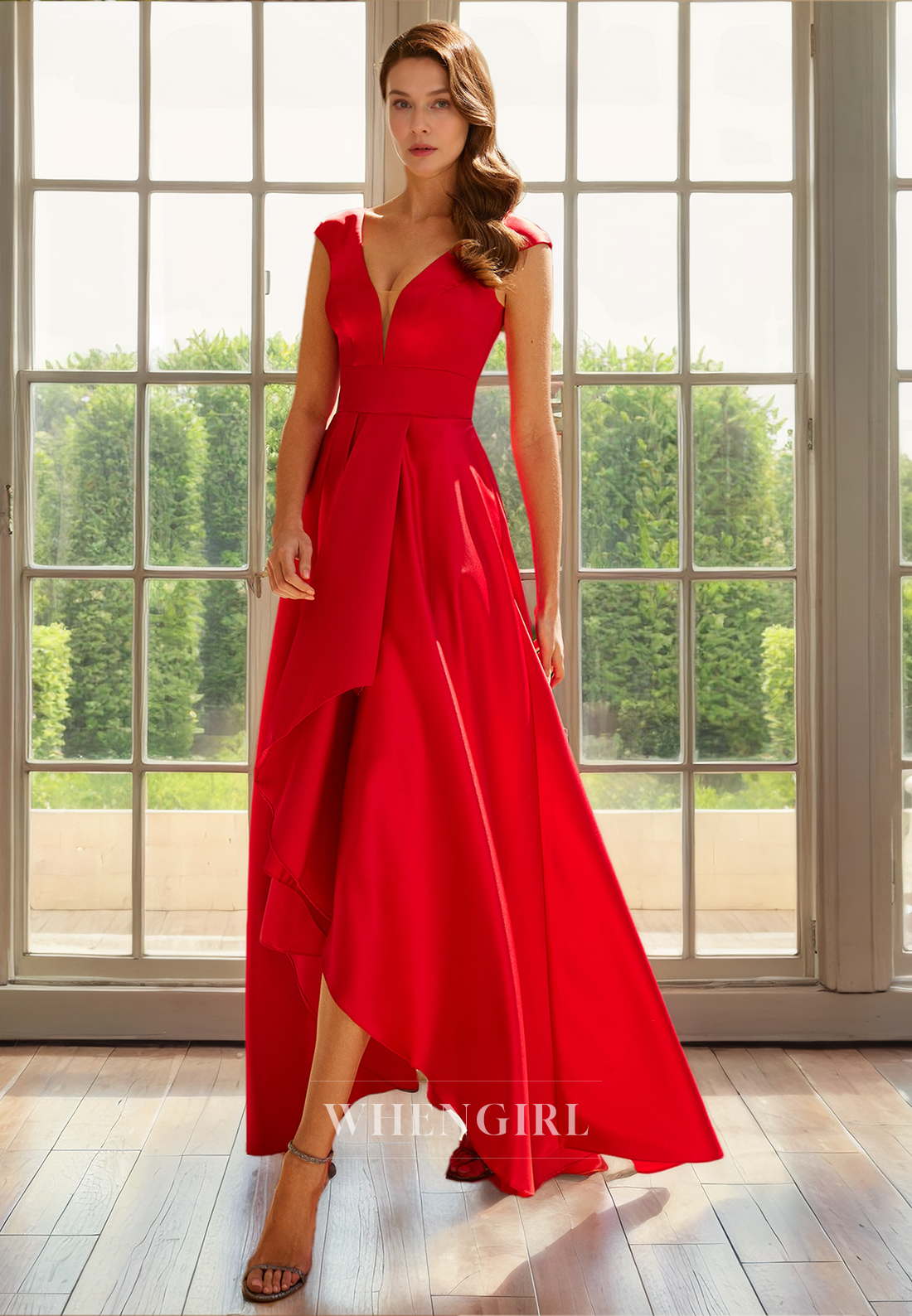 A-Line V Neck Straps Sleeveless Pleated High Low Mother of Bride Dress