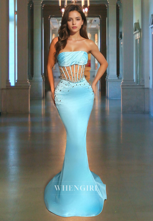 Mermaid Strapless Sleeveless Pleated Beaded Illsion Long Prom Dress with Train