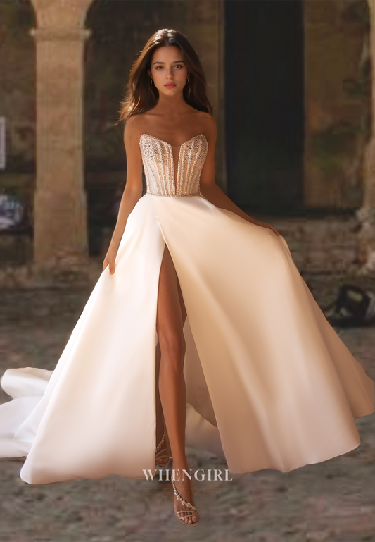 Classic&Simple Strapless A-Line Sleeveless High Split Train Satin Bridal Gowns with Beaded Wedding Dress