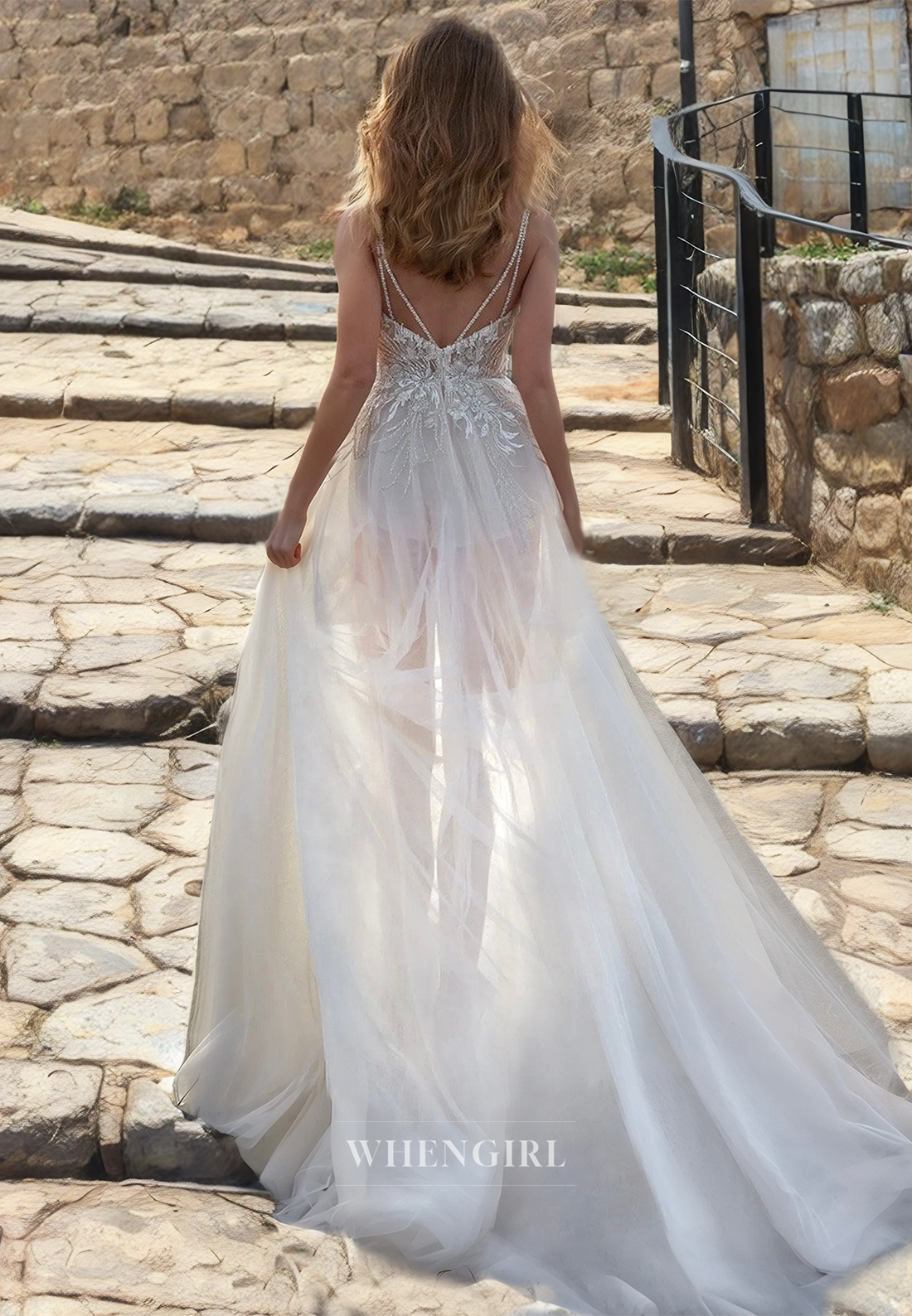 A-Line Sweetheart Spaghetti Straps Sweep Train Sheer Beads Lace Boho Wedding Dress with Appliques Beach Gowns
