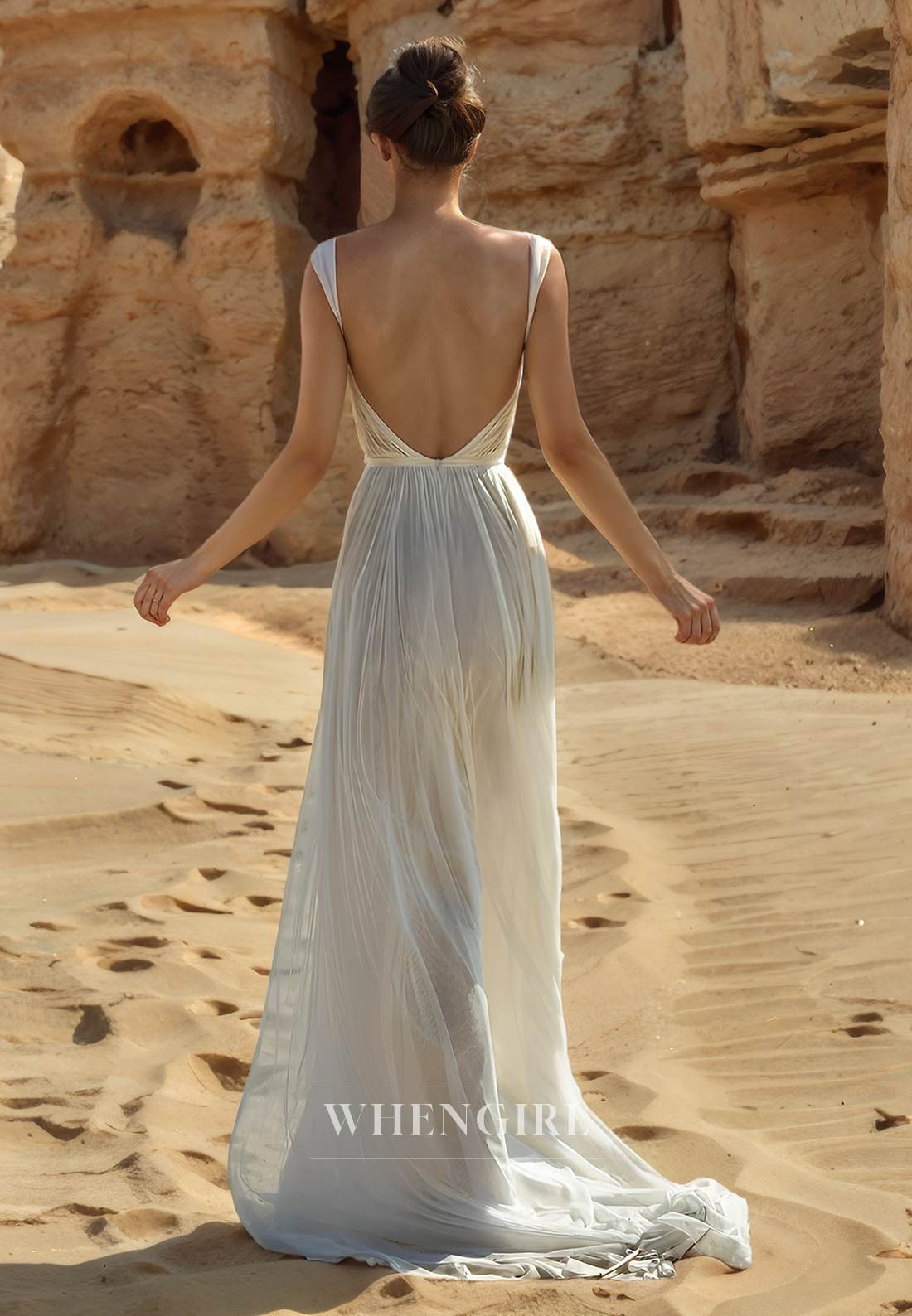 A-Line Strapless Straps Sleeveless Pltaed Open Back Wedding Dress with High Side Slit