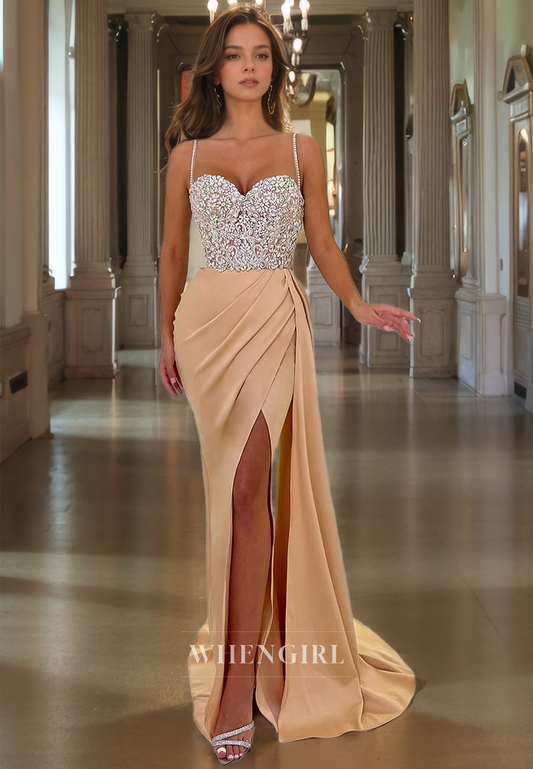 Sheath Strapless Straps Sleeveless Appliques Pleated Long Prom Dress with High Side Slit and Train