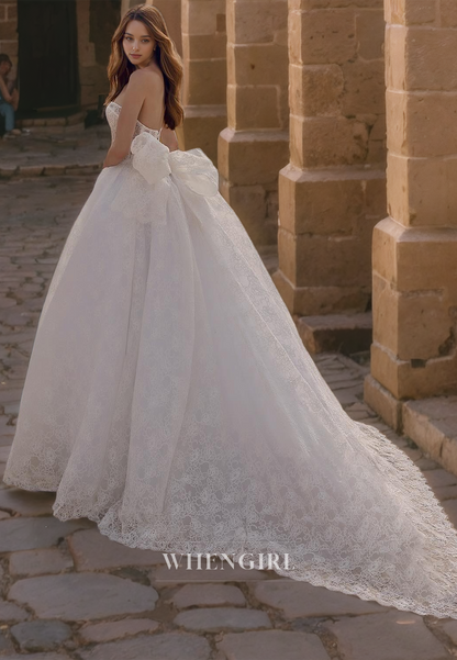 A-Line Strapless Sleeveless Fully Lace Wedding Dress with Train and Bow Knot