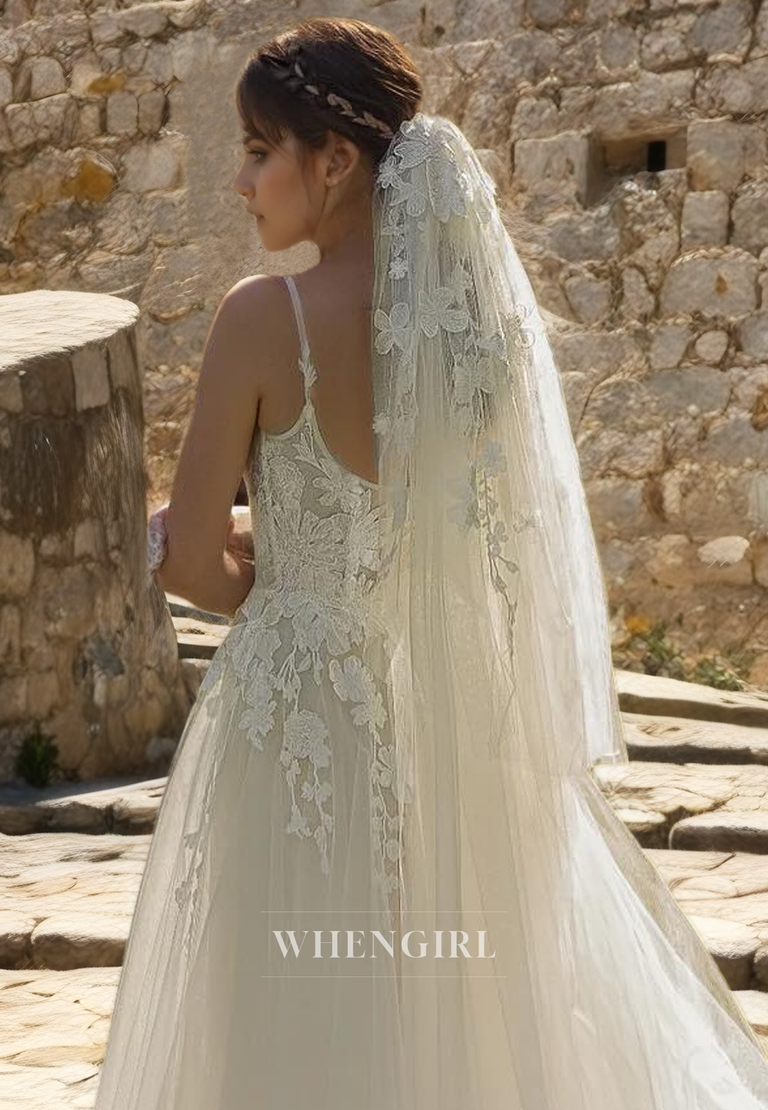 A-Line Square Straps Sleeveless Lace Appliques Tulle Boho Beach Wedding Dress