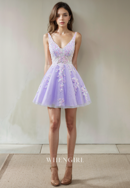A-Line V Neck Straps Tulle Appliques Back Zipper Short Homecoming Dress