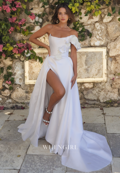 Sheath One Shoulder Sleeveless Satin Wedding Dress with High Side Slit and Train