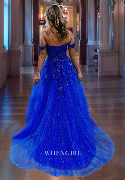 A-Line Off Shoulder Sleeveles Appliques Beaded Long Prom Dress with Train