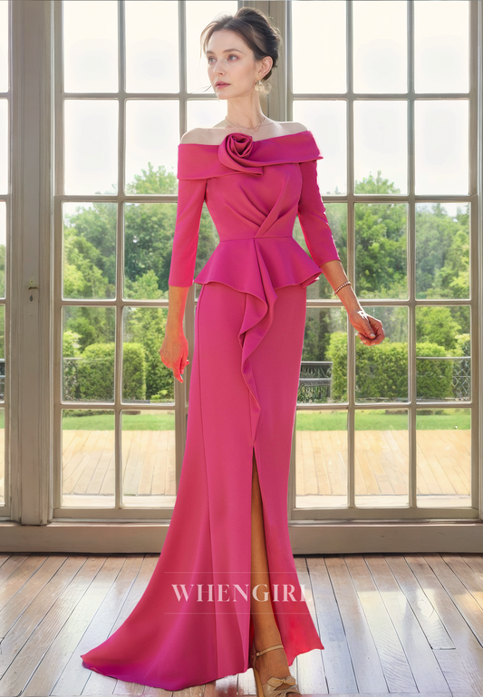 Sheath Off Shoulder 34 Length Sleeves Pleated Ruffles Back Zipper Mother of Bride Dress with Slit
