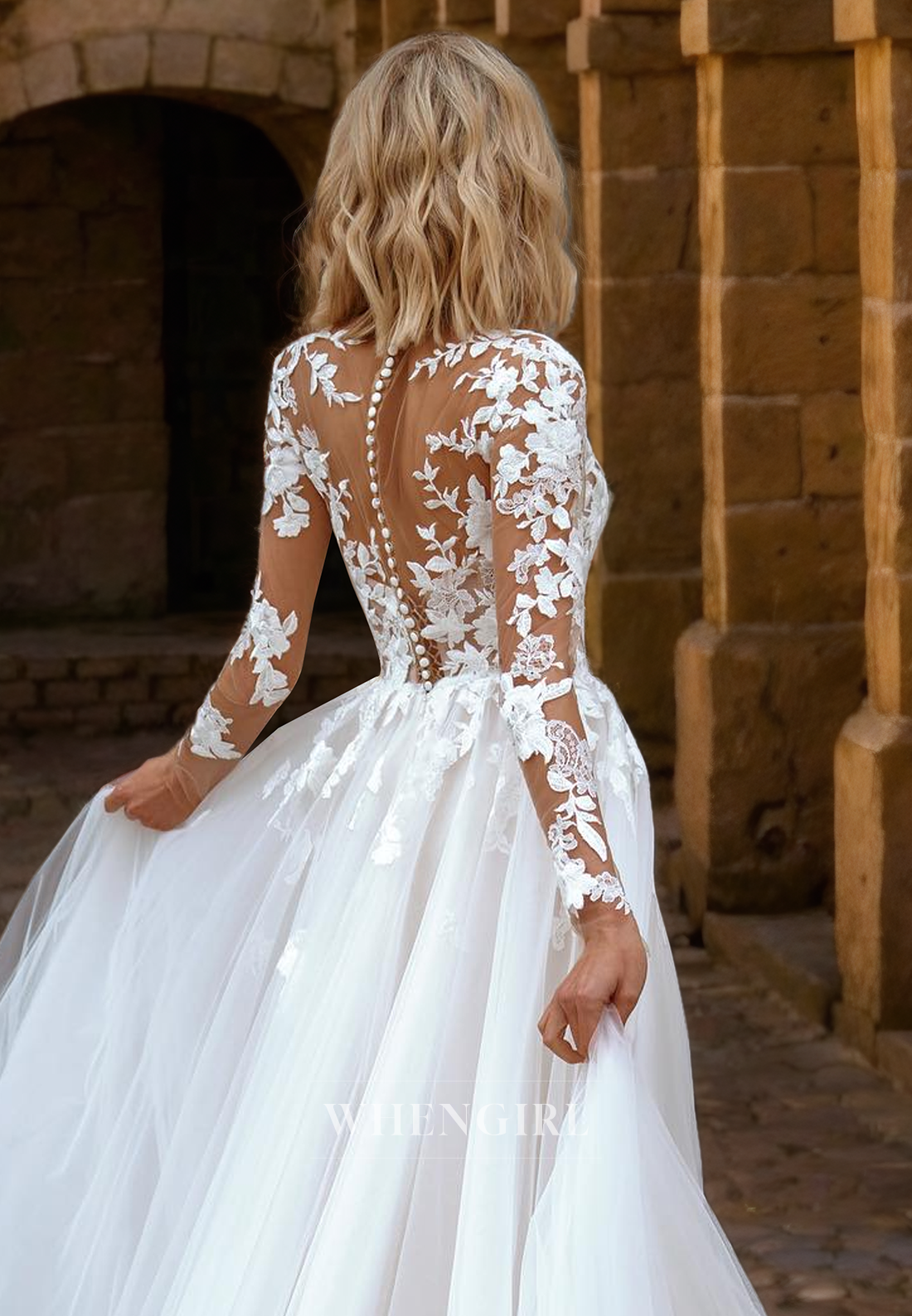 A-Line V Neck Long Sleeves Lace Appliques Tulle Boho Wedding Dress