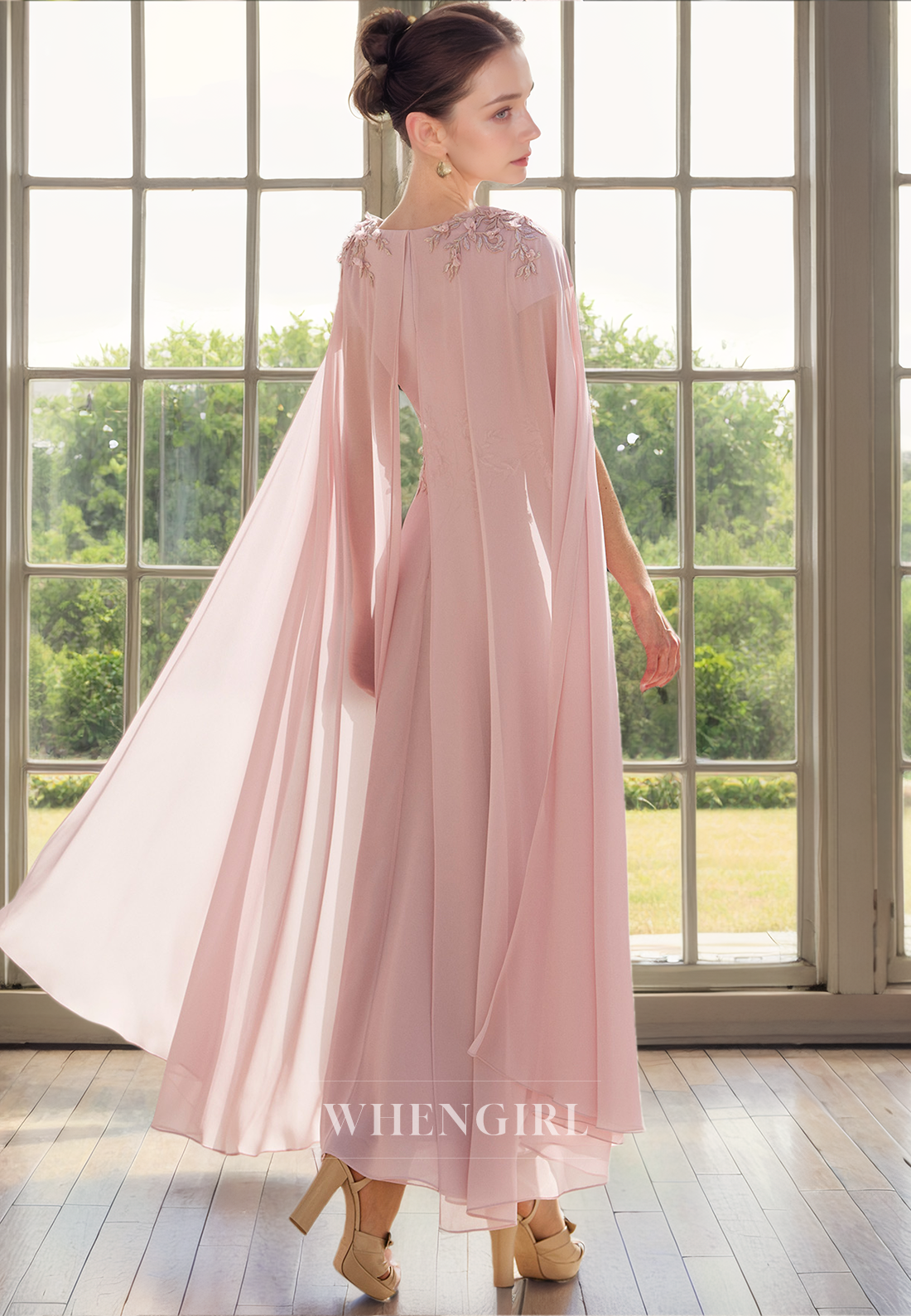 Elegant A-Line V Neck Appliques Back Zipper Tea Length Mother of Bride Dress