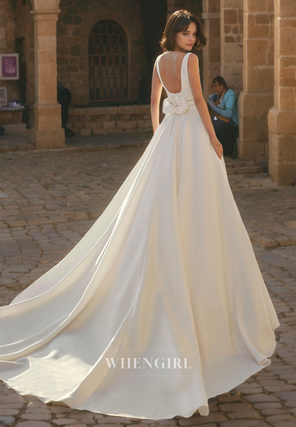 A-Line Square Straps Sleeveless Satin Open Back Long Wedding Dress with Train