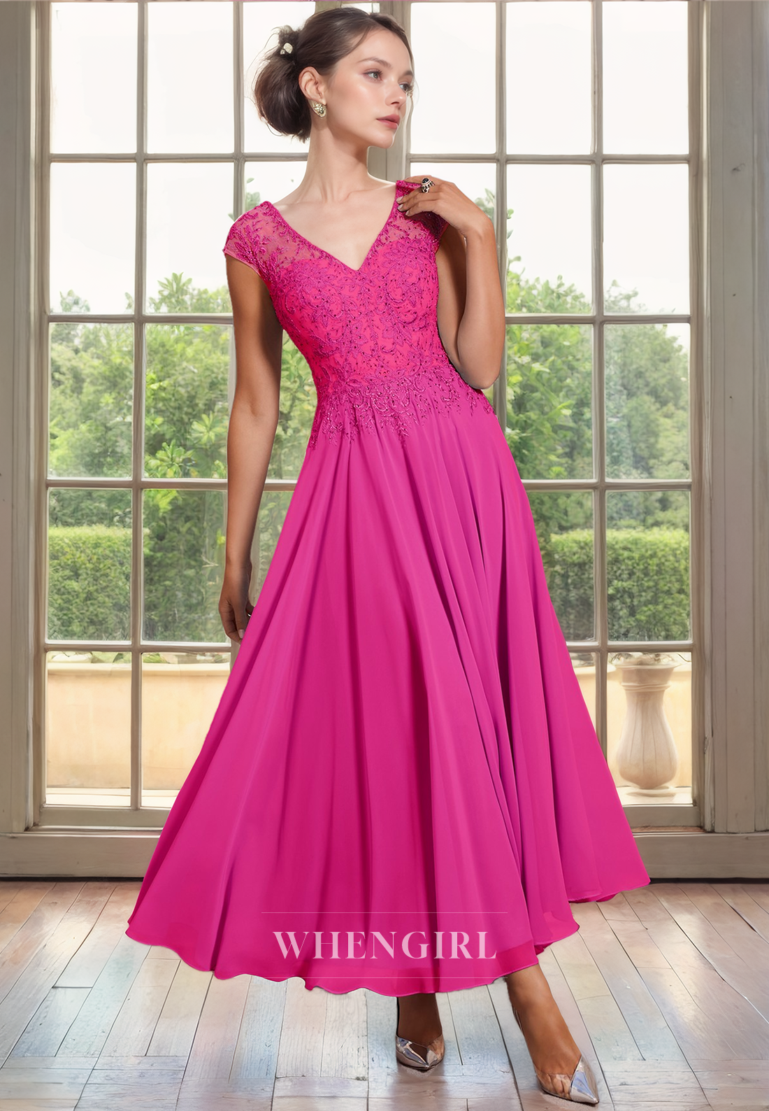 A-Line V Neck Short Cap Sleeves Lace Appliques Tea Length Mother of Bride Dress