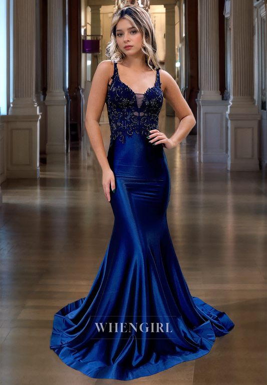 Mermaid V Neck Straps Sleeveless Appliques Beaded Long Prom Dress with Train