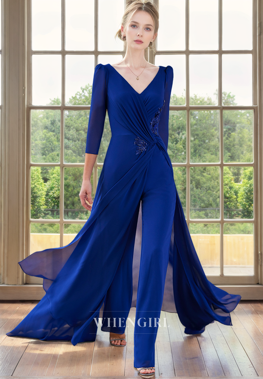 Jumpsuit V Neck 34 Length Sleeves Pleated Appliques Back Zipper Mother of Bride Dress
