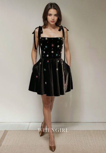 A-Line Square Neck Straps Sleeveless Back Zipper Beaded Homecoming Dress