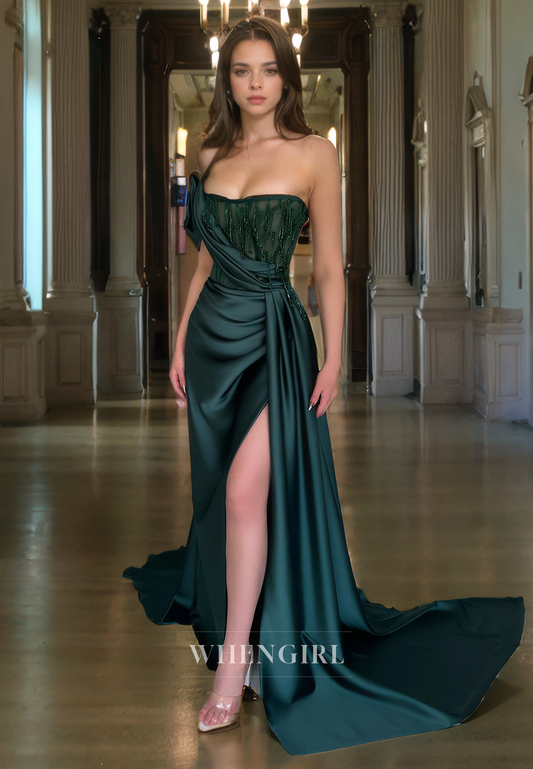 Sheath Strapless Sleeveles Pleated Beaded Long Prom Dress with Slit and Train