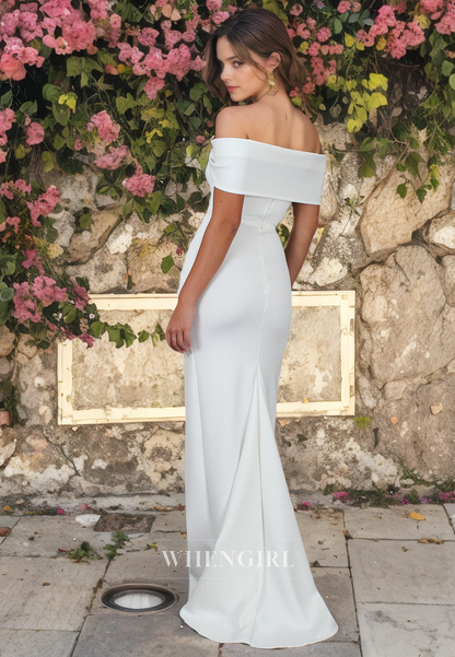 Sheath Off Shoulder Cap Sleeves Pleated Long Satin Wedding Dress with High Side Slit and Train