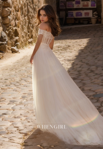 A-Line Off Shoulder Stripe Sleeveless High Slit Appliques Lace Wedding Dress Bridal Gowns with Train