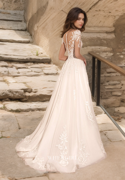 A-Line V-Neck Cap Sleeves Sweep Train Pleated Lace Wedding Dress with Appliques Bridal Dress