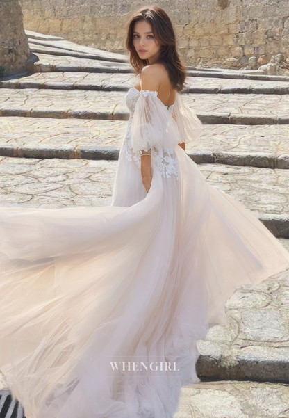 Sweetheart A-Line Half Sleeves Floor-Length Lace Bridal Dress with Appliques Wedding Dress
