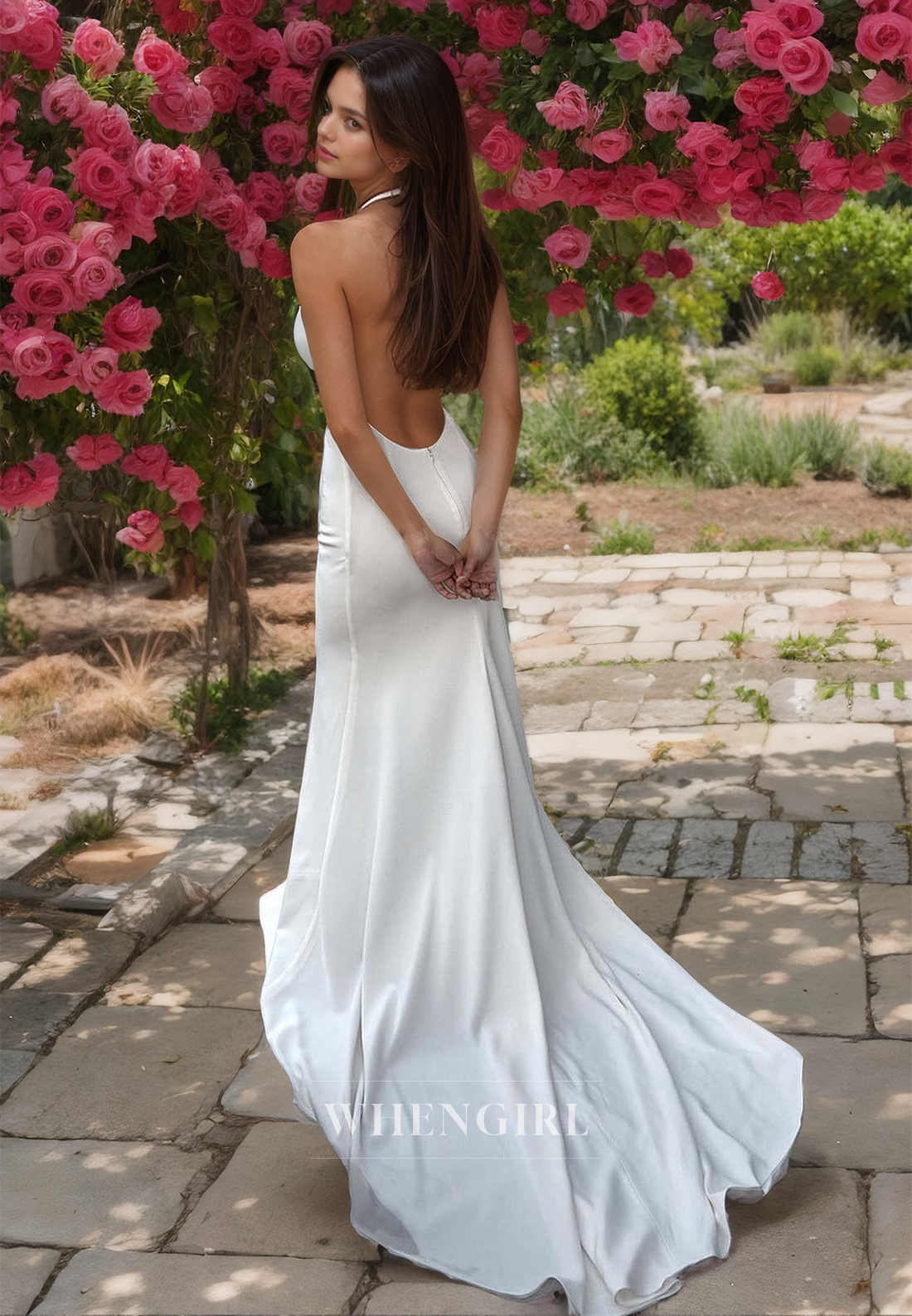Halter Neck Sheath Beach Wedding Dress Sleeveless Satin Boho Gowns with Sweep Train