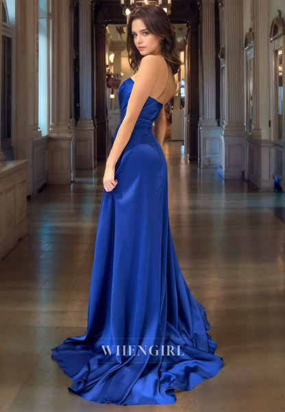 A-Line Strapless Sleeveless Pleated Long Prom Dress with High Side Slit and Train