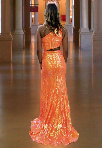 Sheath One Shoulder Sleeveless Back Zipper Long Prom Dress with High Side and Train