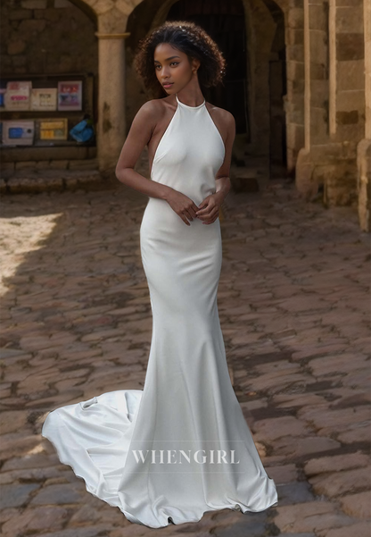 Halter Neck Sheath Beach Wedding Dress Sleeveless Satin Boho Gowns with Sweep Train