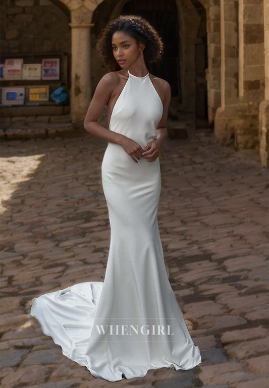 Halter Neck Sheath Beach Wedding Dress Sleeveless Satin Boho Gowns with Sweep Train