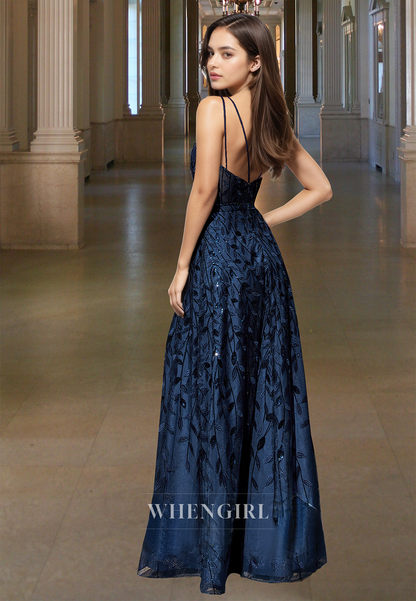Sparkly A-Line V-Neck Straps Appliques Lace Pleats Long Prom Formal Evening Dress