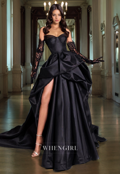 A-Line Strapless Sleeveless Ruched Pleated Long Prom Dress with High Side Slit and Train