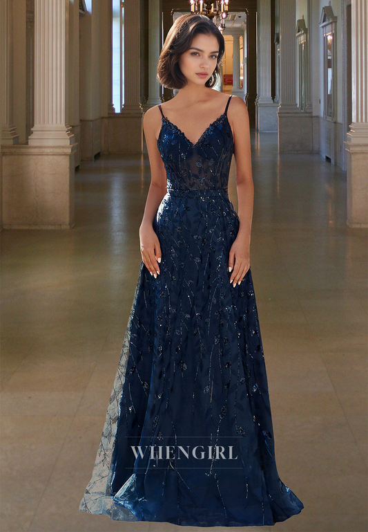 Sparkly A-Line V-Neck Straps Appliques Lace Pleats Long Prom Formal Evening Dress