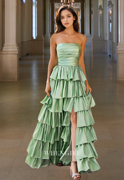 Gorgeous A-Line Tube Top Sleeveless Long Tiered Satin Pleats Formal Party Dress with Slit