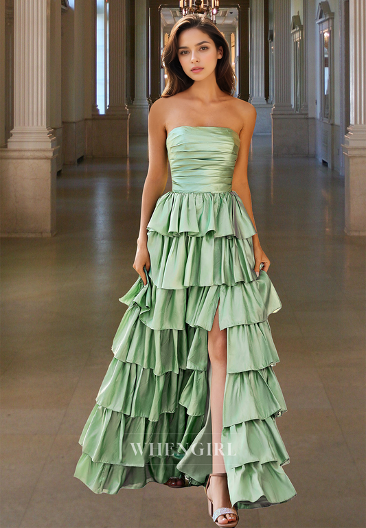 Gorgeous A-Line Tube Top Sleeveless Long Tiered Satin Pleats Formal Party Dress with Slit
