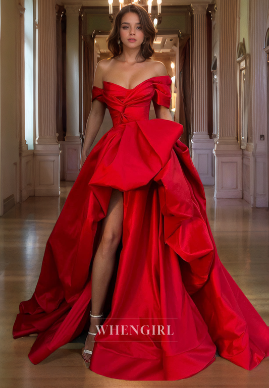 A-Line Off Shoulder Sleeveless Pleated Satin Long Prom Dress with High Side Slit Party Gown