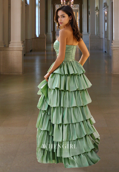 Gorgeous A-Line Tube Top Sleeveless Long Tiered Satin Pleats Formal Party Dress with Slit